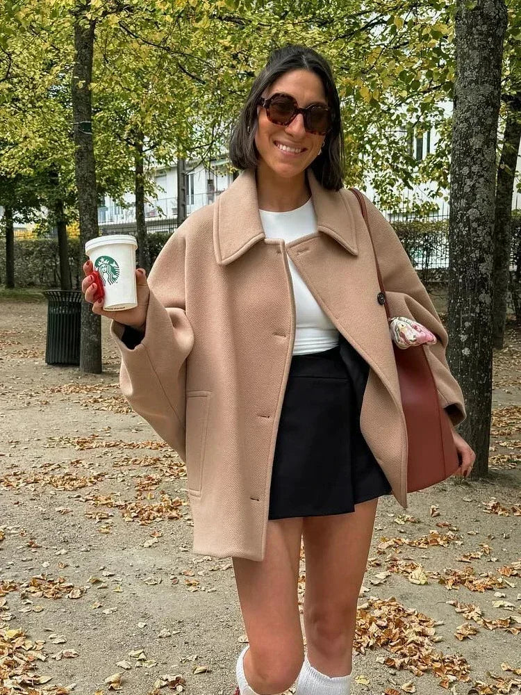 Fashion Lapel Woolen Jacket For Women 2025 Spring Single Breasted Long Sleeve Coats Female Elegant Oversized Chic Street Outwear