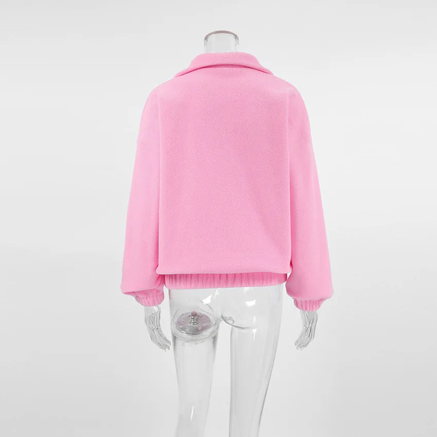 Pink Lamb Fleece Hoodie – Women’s Casual Thick Zipper Pullover Streetwear