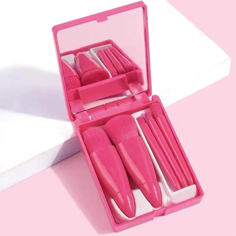 5PCS Pink Mirror Case Makeup Brush Set – Mini Travel Beauty Brushes