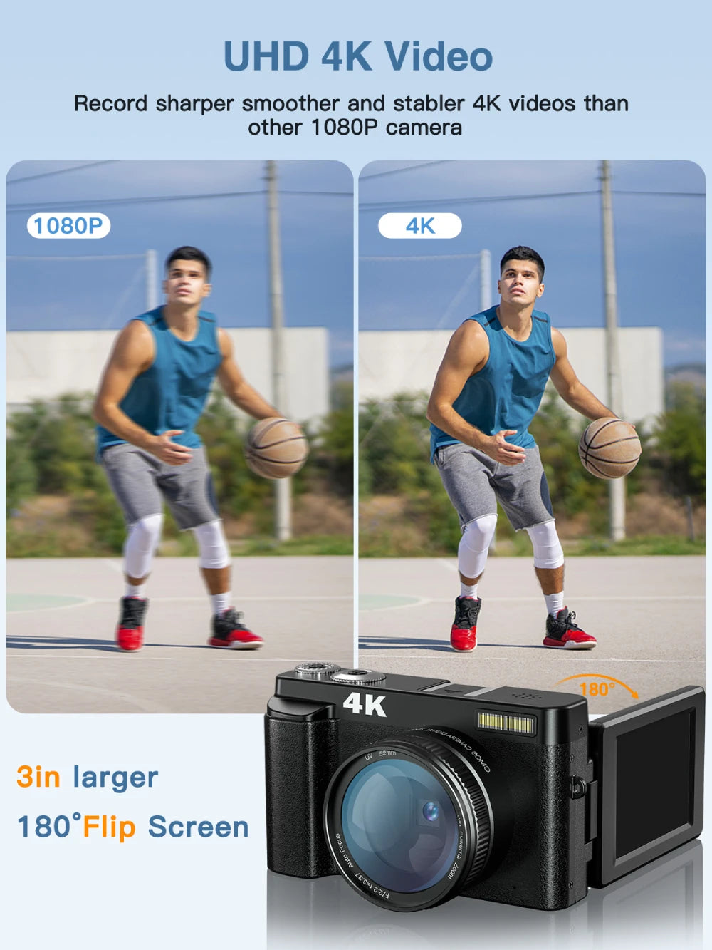 4K Digital Camera 48MP Vlogging Camera 3" Flip Screen Autofocus Anti-Shake