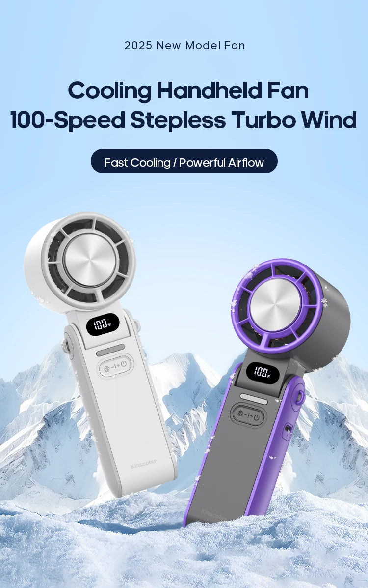 KINSCOTER Portable Air Cooling Turbo Fan 3600mAh 100 Wind Speeds Adjustable Outdoor Foldable Student Handheld Fan with Lanyard