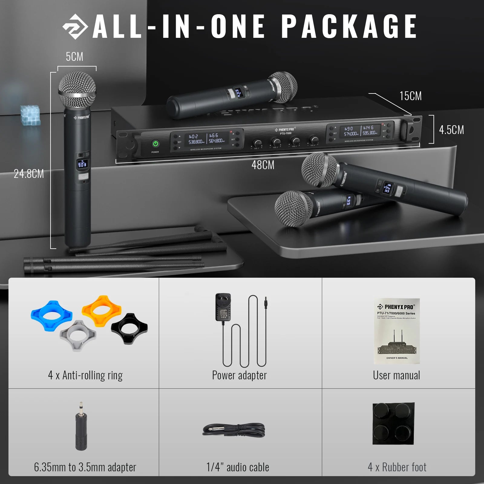 Phenyx Pro UHF Wireless Microphone System PTU-7000 with 4x40Channels Handheld Mics Auto Scan Selectable Frequency For Church