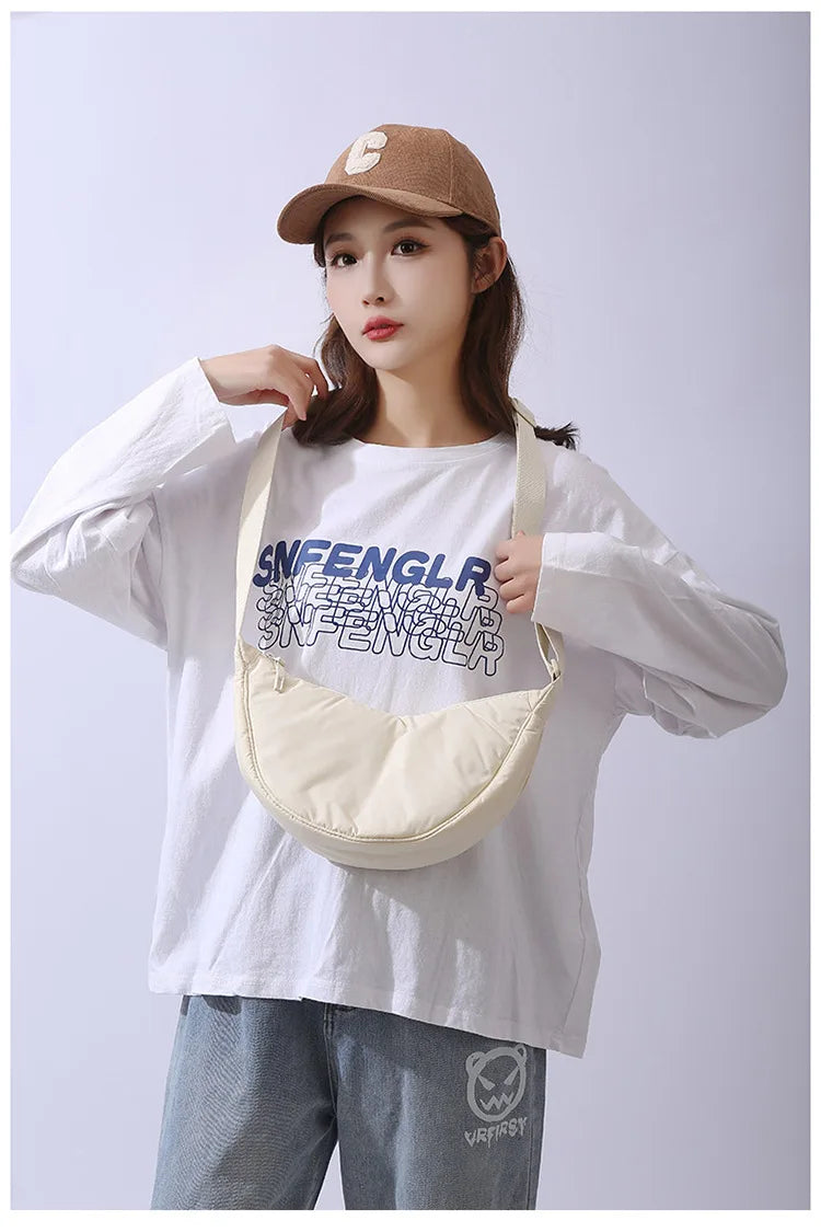 Solid Color Women’s Nylon Shoulder Bag – Portable Padded Crossbody Messenger Travel Handbag