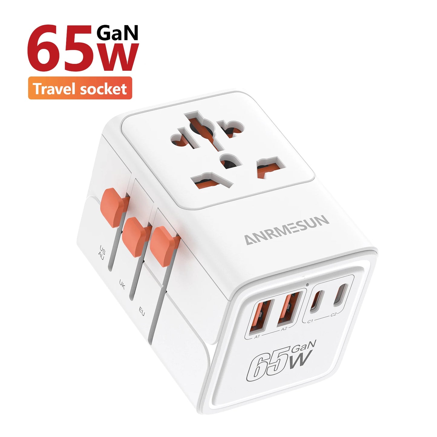 Universal 2500W Travel Adapter – 4 AC Outlets, 1 USB & 2 Type-C PD 25W Fast Charging EU/UK/US/AUS Plug