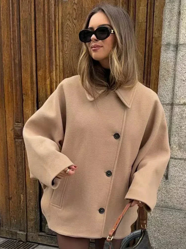 Fashion Lapel Woolen Jacket For Women 2025 Spring Single Breasted Long Sleeve Coats Female Elegant Oversized Chic Street Outwear