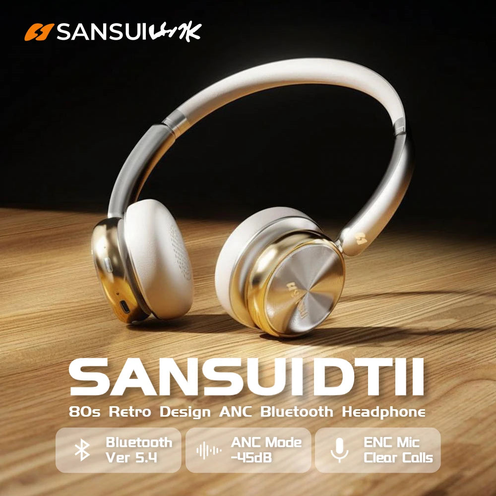 Sansui DT11 ANC Wireless Bluetooth Headphones – Retro Over-Ear Headset with -45dB Active Noise Cancellation & 50H Playtime