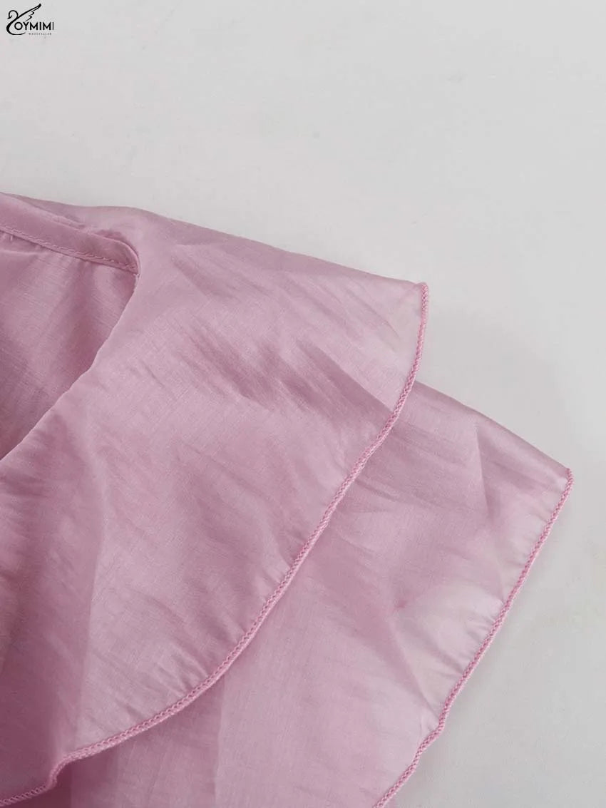 Elegant Pink Ruffled V-Neck Blouse – Petal Sleeve Women’s Fashion Shirt