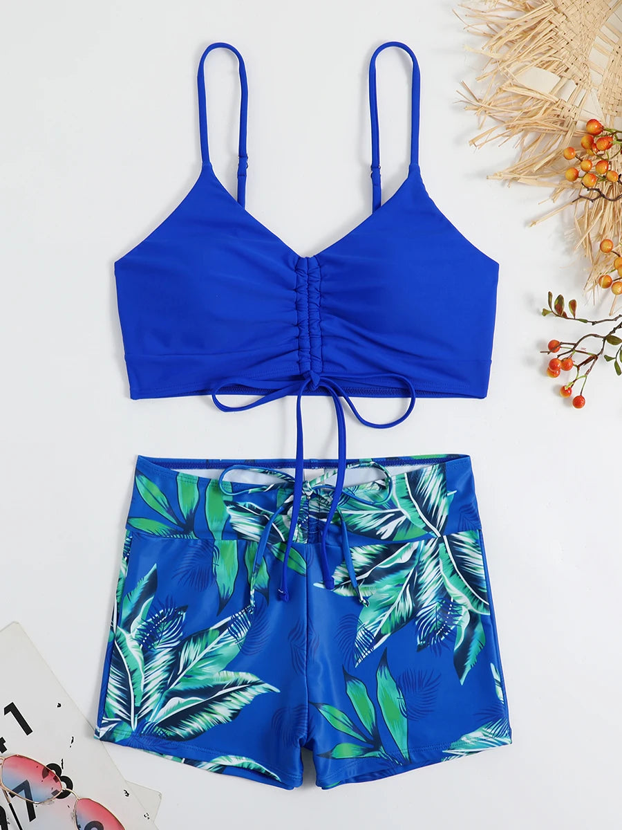 Drawstring Front Shorts Bikinis 2025 High Waist Swimsuit Women Swimwear Female Bathers Bathing Swimming Swim Suit Beachwear