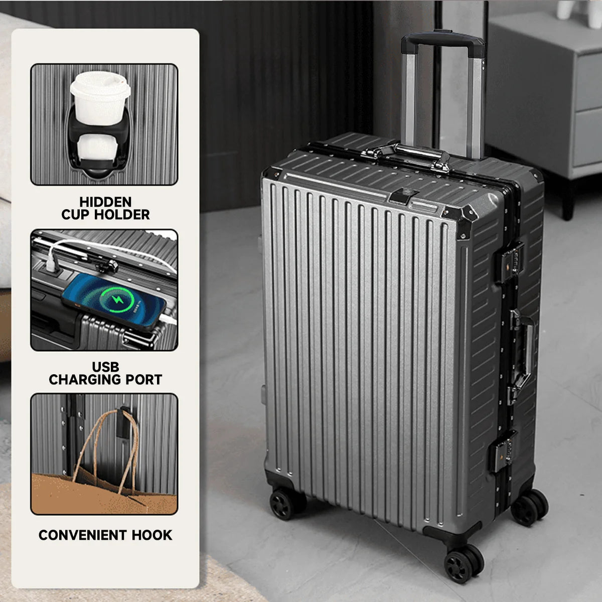 Aluminum Frame Rolling Luggage – 20/24/26/28 Inch USB Travel Suitcase with Combination Lock