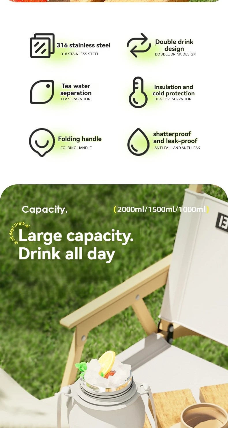 2L Thermal Water Bottle Vacuum Flasks Bottle Thermal Mug Tumbler with Straw large insulation Stainless Steel for travel Outdoor
