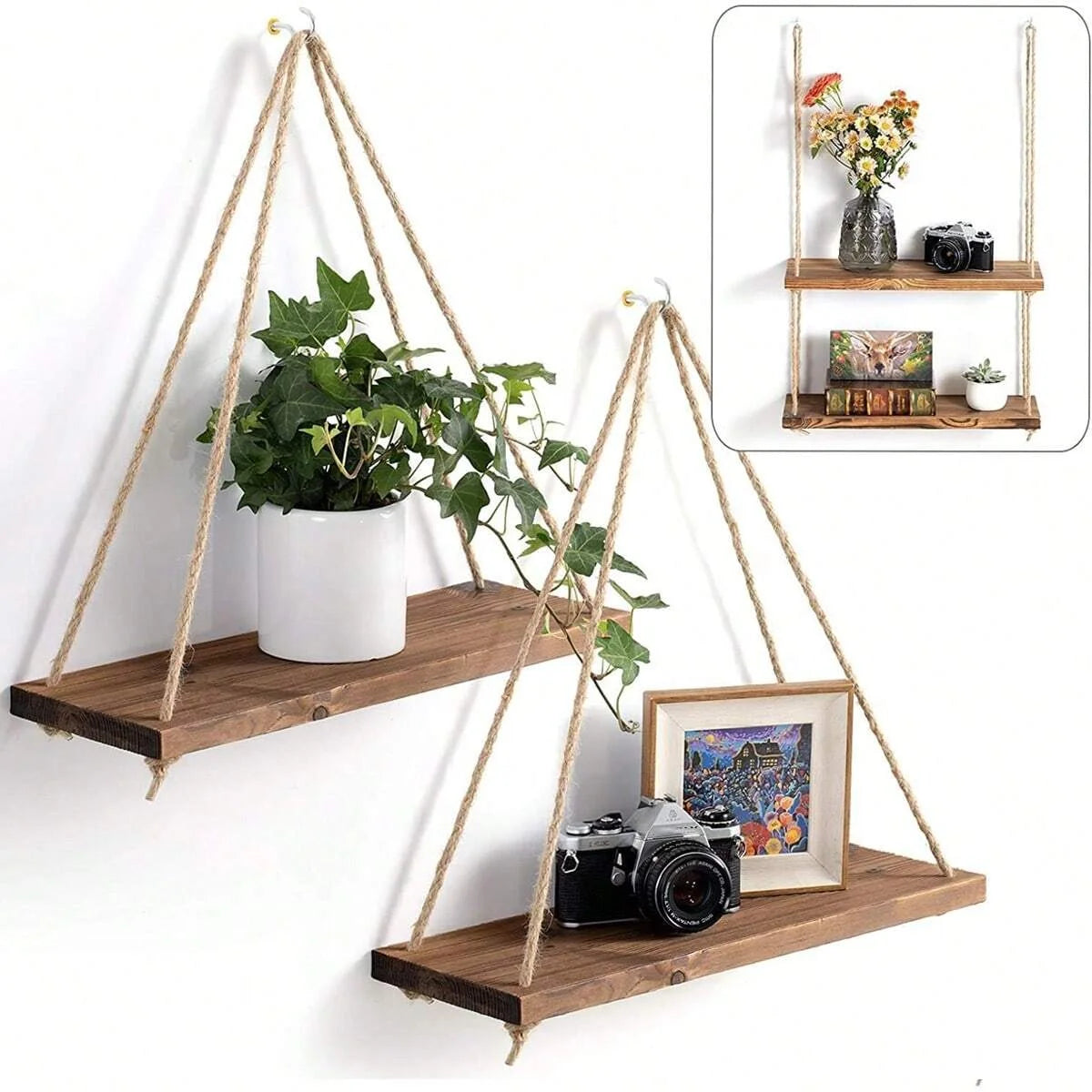 Wooden Swing Floating Shelf – Hemp Rope Hanging Wall Shelf for Plants & Home Decor