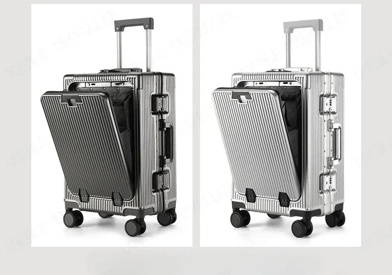 Front Opening Aluminum Frame Rolling Luggage – Large Capacity ABS+PC Trolley Suitcase with USB Charging