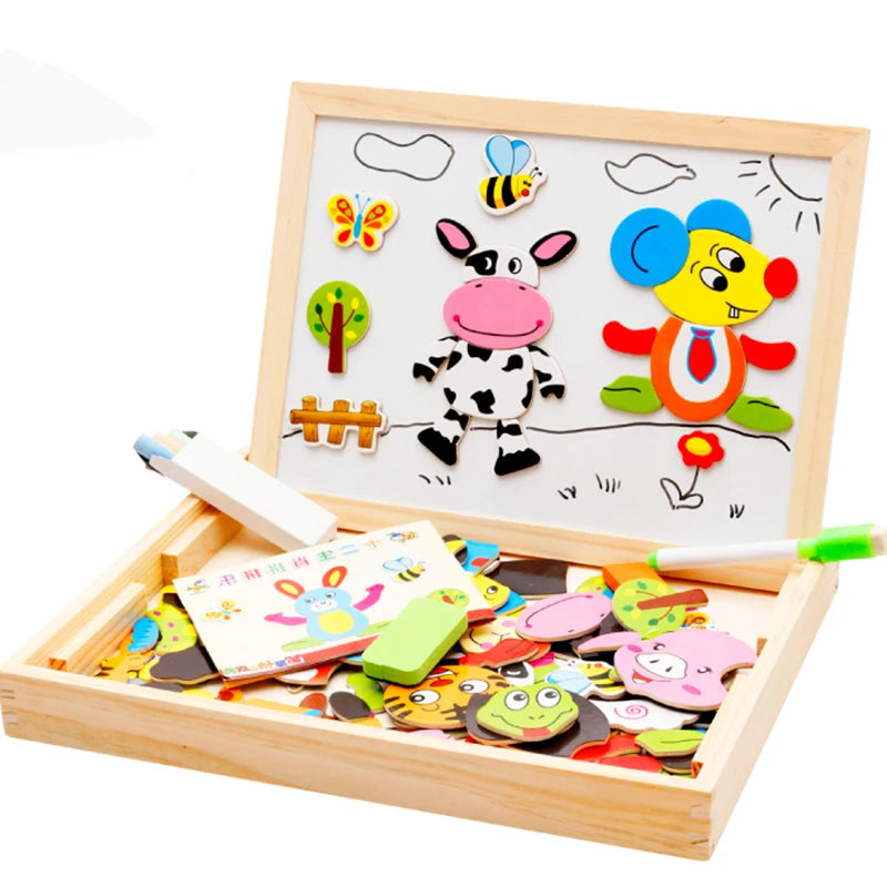 Wooden Multifunction Magnetic Drawing Board – Animal Puzzle Learning Toy for Kids