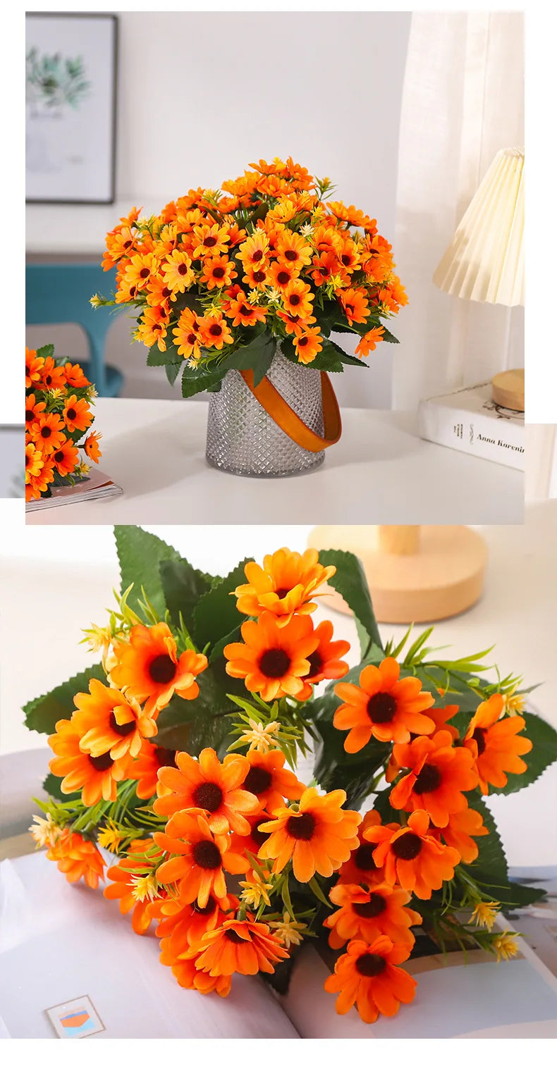 5 Fork 15-Head Artificial Daisy & Chamomile Flower Stems – Wedding & Home Party Decor