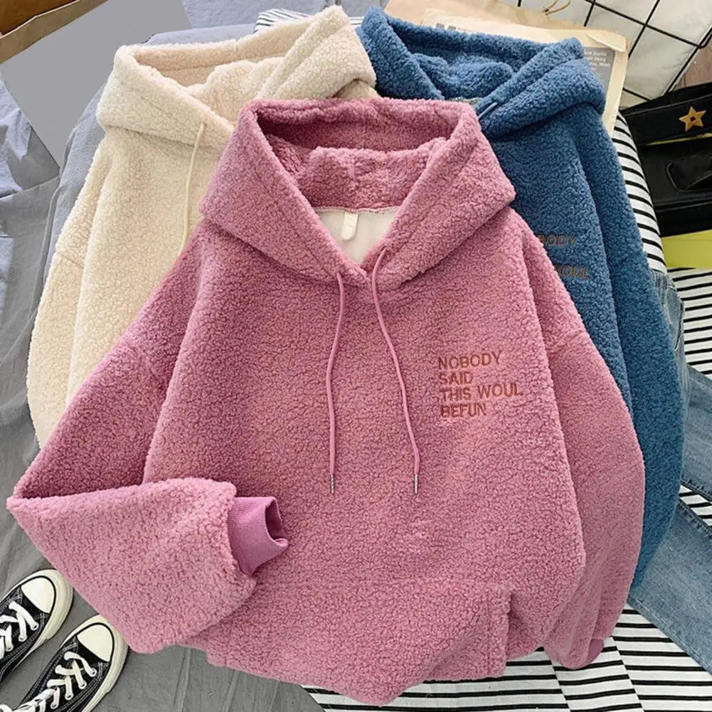 Pink Hooded Harajuku Sweatshirt – Autumn/Winter Fleece Pullover for Women