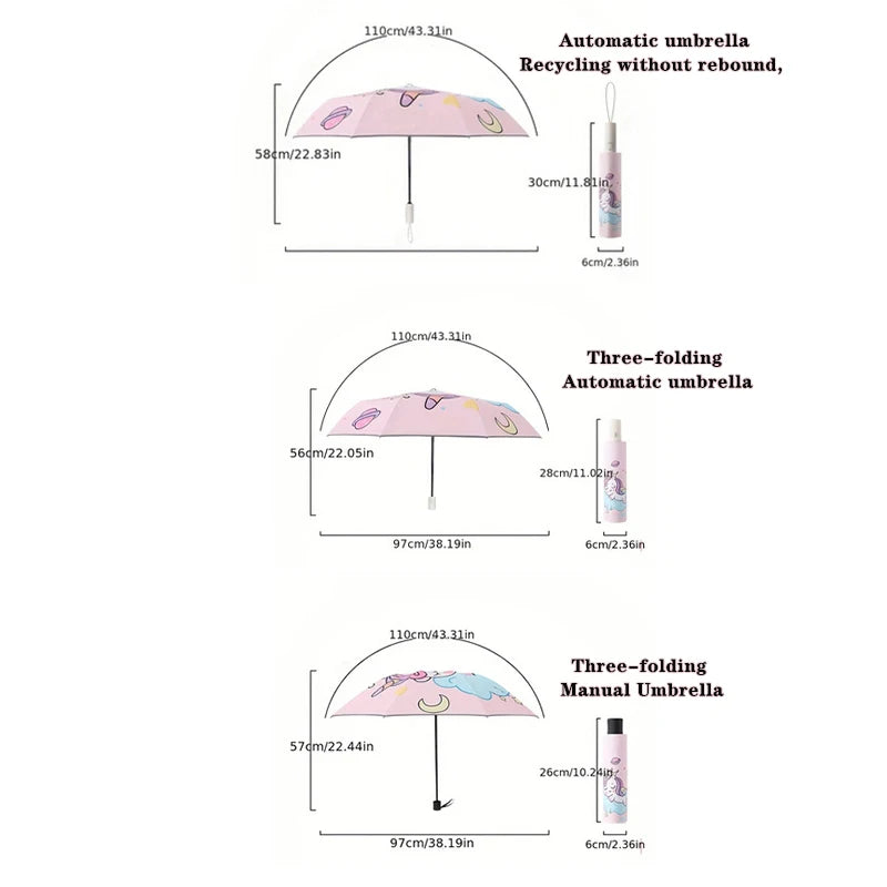 Pink Unicorn Princess Automatic Umbrella – Windproof Folding Reflective Umbrella
