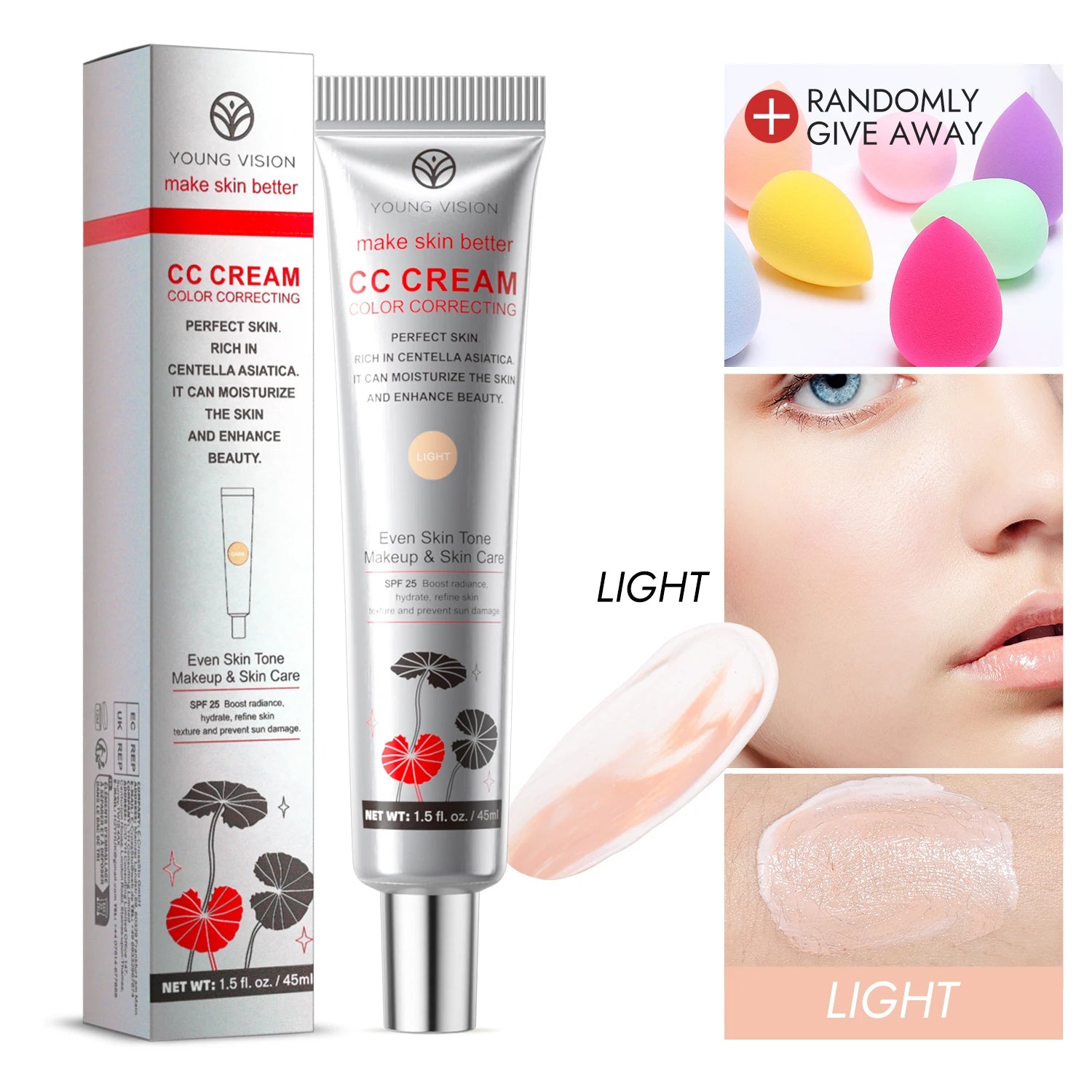 2-Color Brightening CC Cream with Puff – Even Skin Tone & Conceal Pores, Women’s Makeup Cosmetics