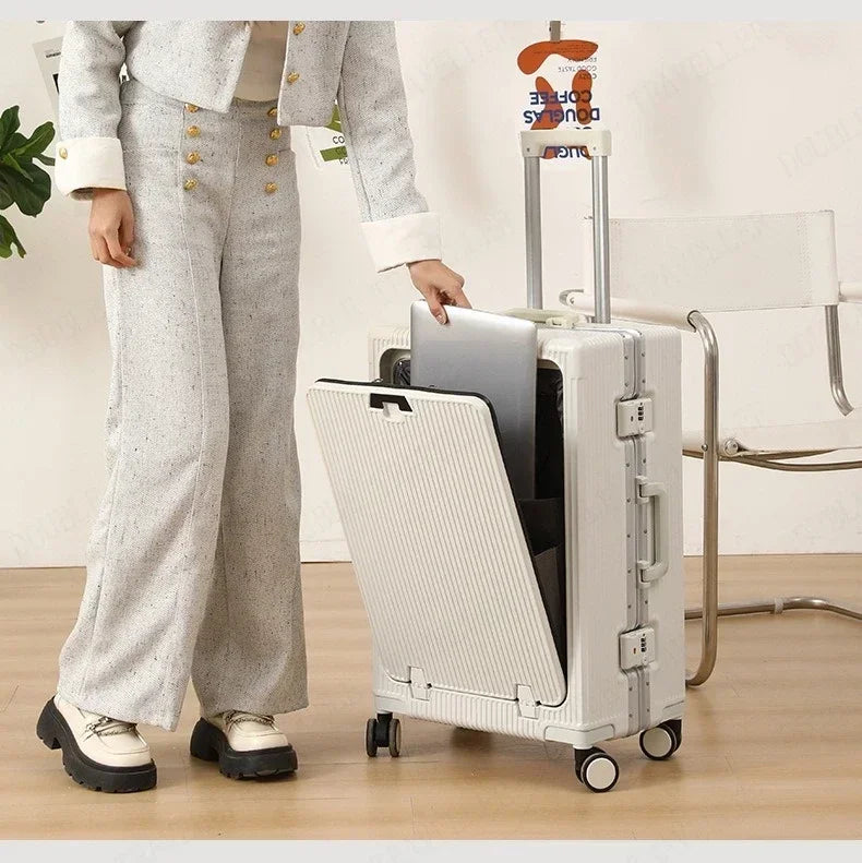 Front Opening Aluminum Frame Rolling Luggage – Large Capacity ABS+PC Trolley Suitcase with USB Charging