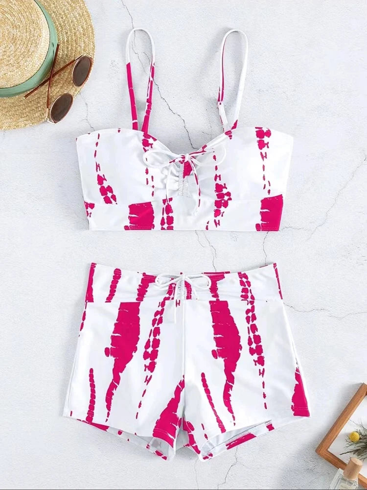 Drawstring Front Shorts Bikinis 2025 High Waist Swimsuit Women Swimwear Female Bathers Bathing Swimming Swim Suit Beachwear