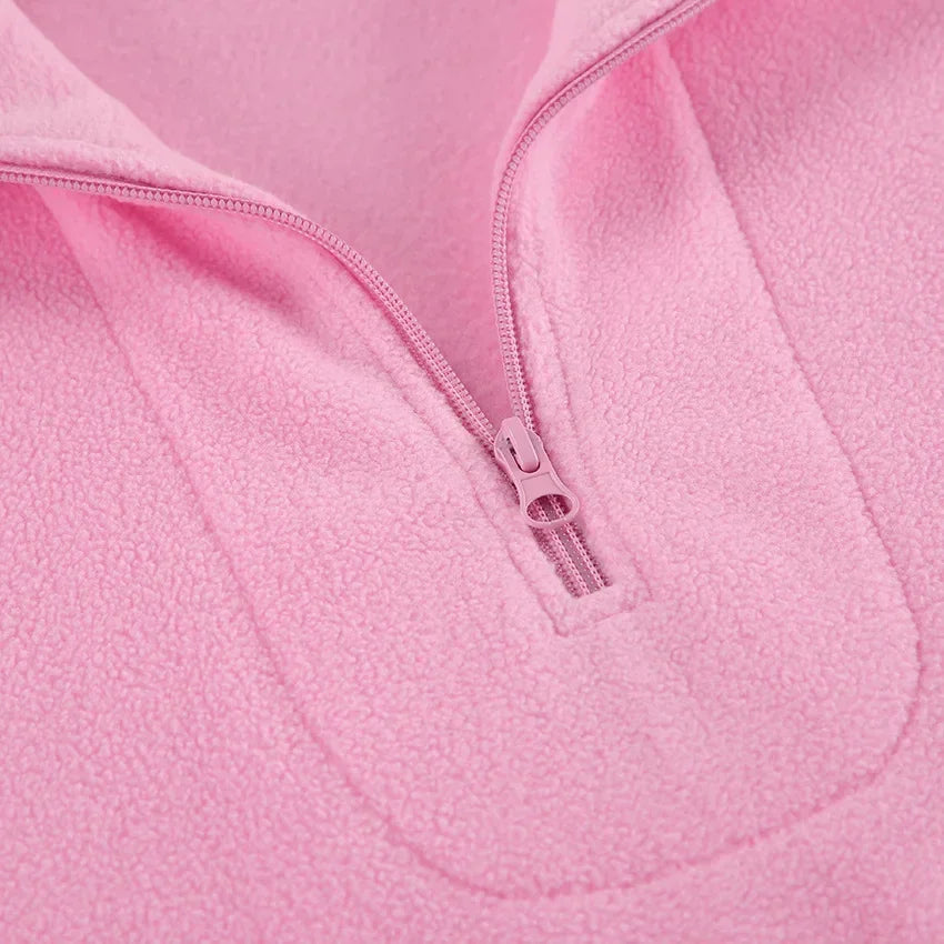 Pink Lamb Fleece Hoodie – Women’s Casual Thick Zipper Pullover Streetwear