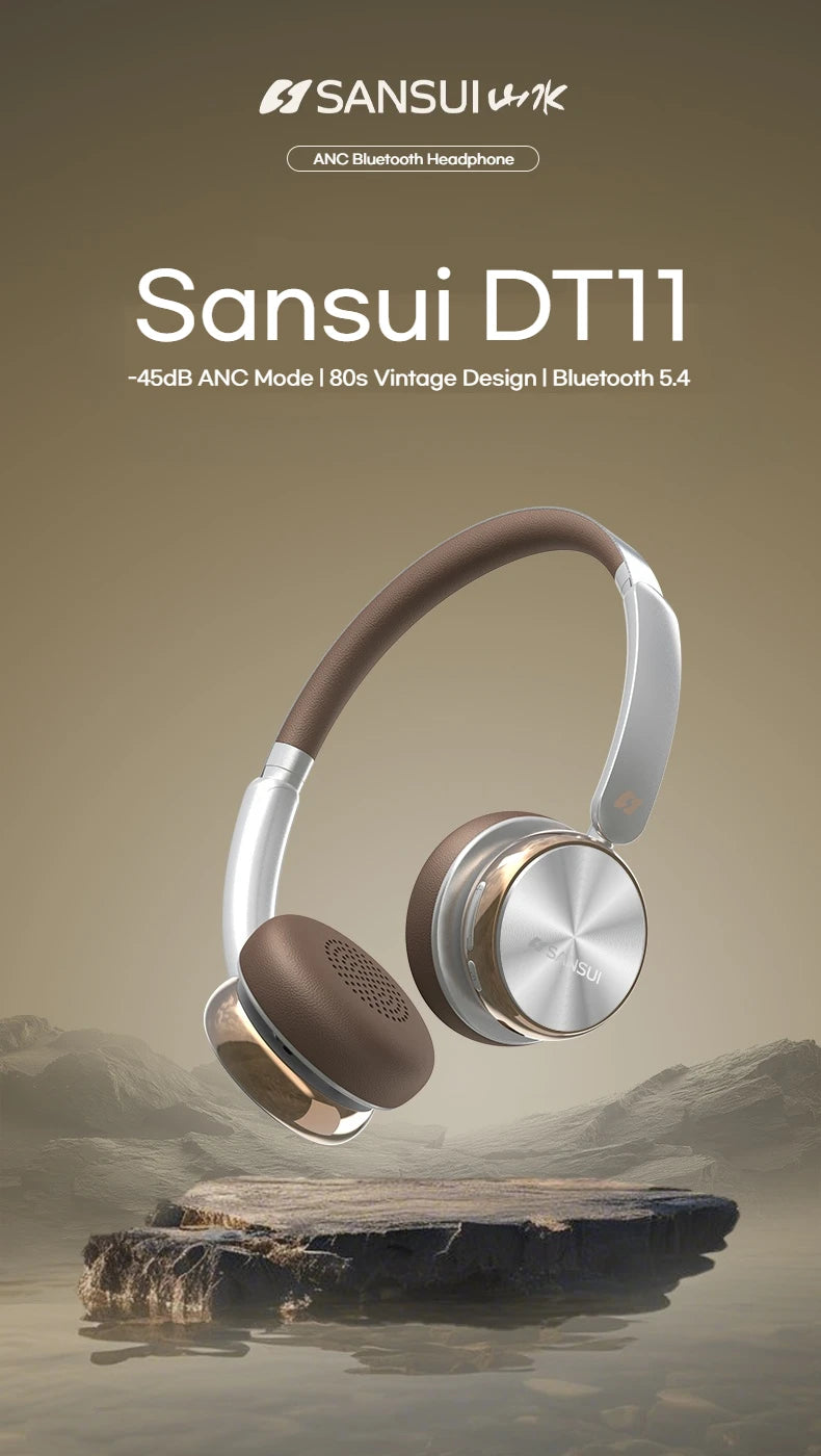 Sansui DT11 ANC Wireless Bluetooth Headphones – Retro Over-Ear Headset with -45dB Active Noise Cancellation & 50H Playtime