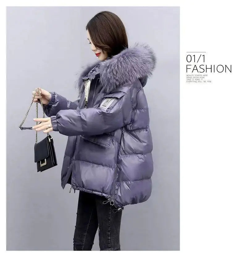 2025 Women’s Winter Down Cotton Jacket – Hooded Puffer Coat with Fur Collar