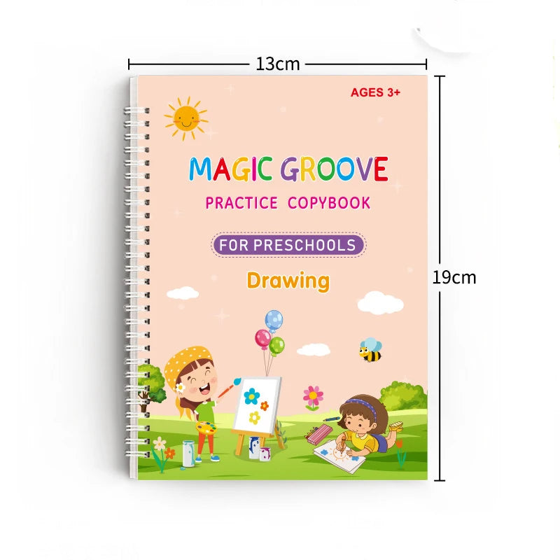 4pcs Magic Groove Copybook Set – Reusable Calligraphy Practice Books & Pen for Kids Learning English Writing