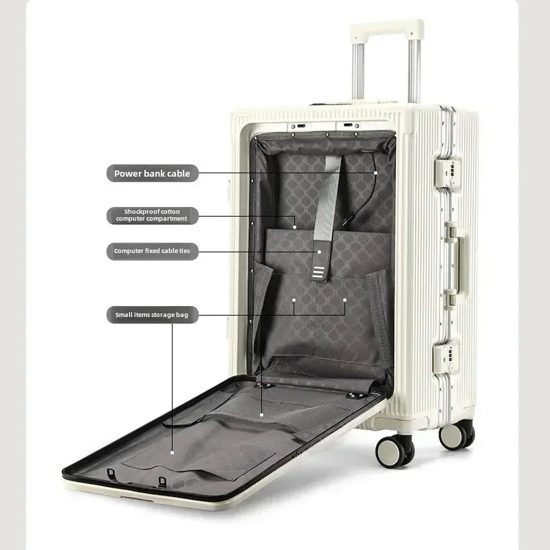 Front Opening Aluminum Frame Rolling Luggage – Large Capacity ABS+PC Trolley Suitcase with USB Charging