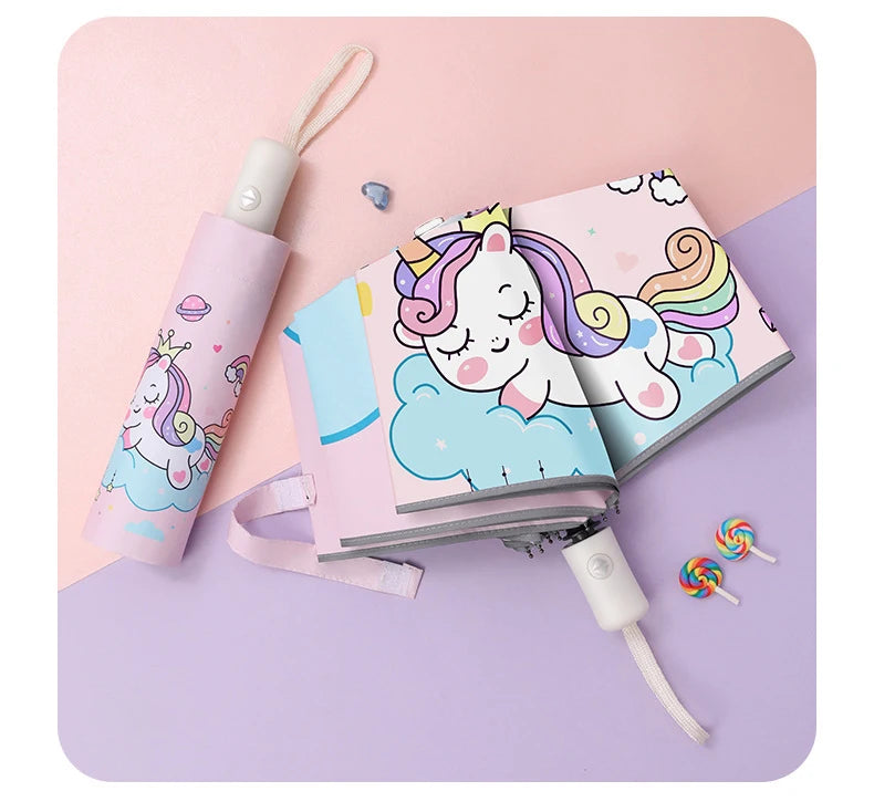 Pink Unicorn Princess Automatic Umbrella – Windproof Folding Reflective Umbrella
