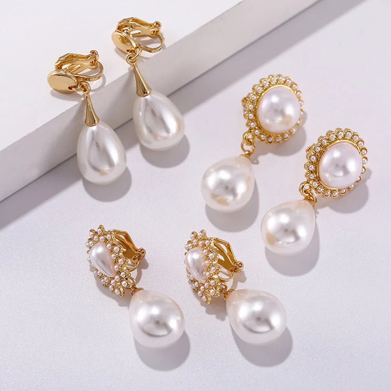 Fashion Waterdrop Baroque Pearl Clip On Earrings Charm Pendant Geometric No Pierced Ear Clips For Women Wedding Jewelry Gifts