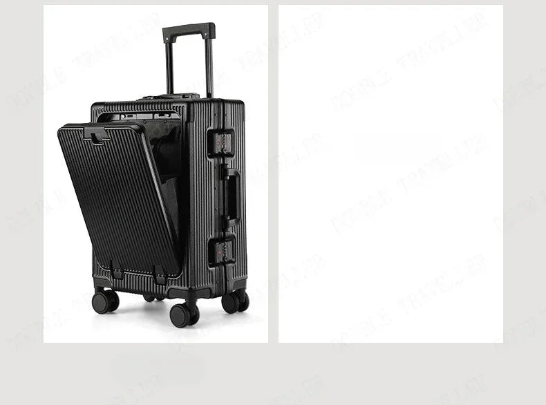 Front Opening Aluminum Frame Rolling Luggage – Large Capacity ABS+PC Trolley Suitcase with USB Charging