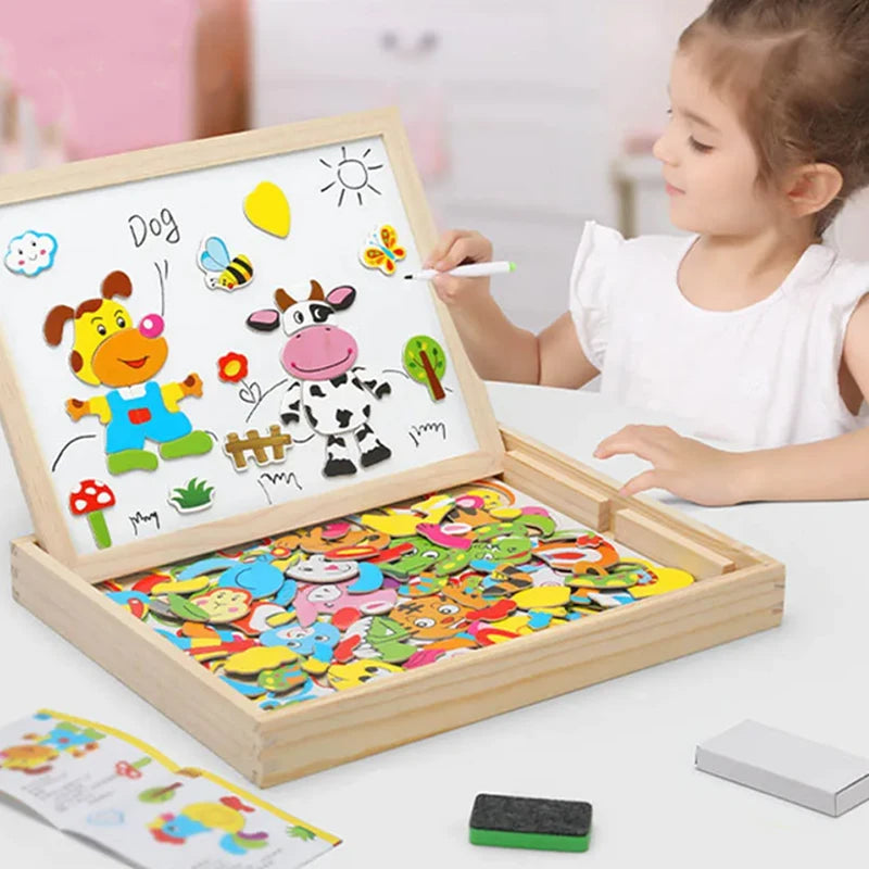 Wooden Multifunction Magnetic Drawing Board – Animal Puzzle Learning Toy for Kids