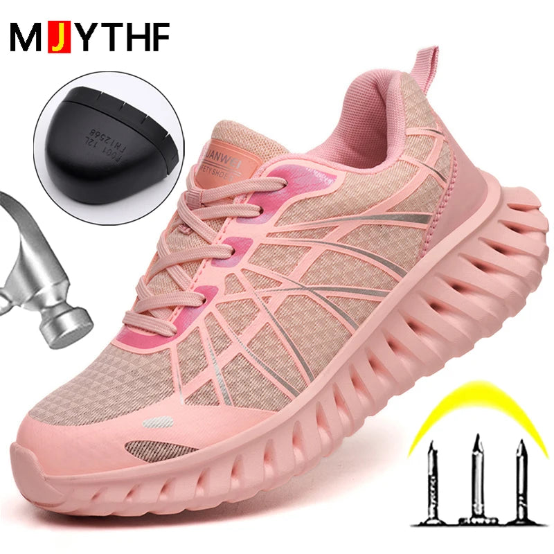 Pink Women’s Steel Toe Work Sneakers – Lightweight Safety Shoes Anti-Smash & Anti-Puncture
