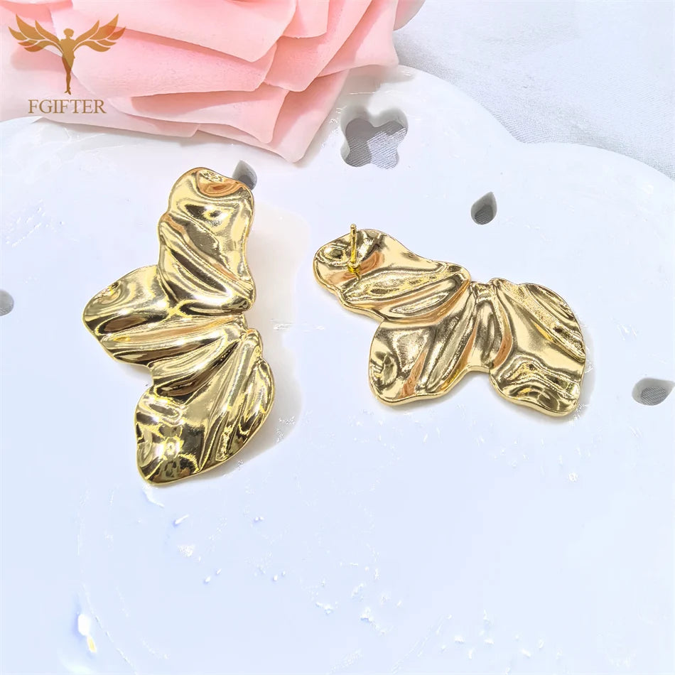 Hyperbole Chunky Earrings Wrinkle Flower Leaf Design Stud Earings Women Golden Stainless Steel Jewelry Accessories Gifts for Her