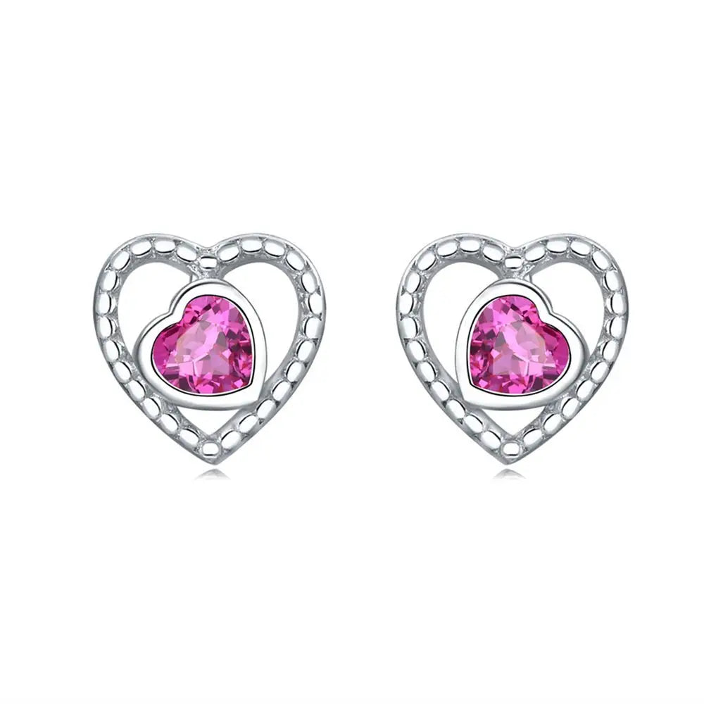 925 Sterling Silver Pink Heart Bow Stud Earrings – Elegant Gift for Women