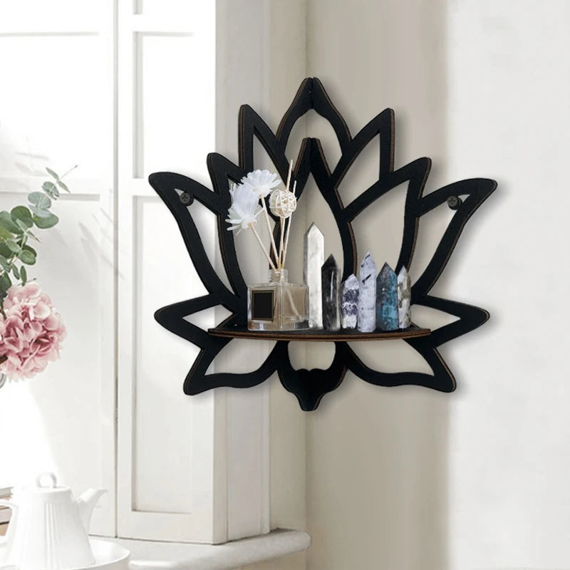 Wooden Lotus Hollow Shelf – Wall-Mounted Aromatherapy Organizer & Candle Holder