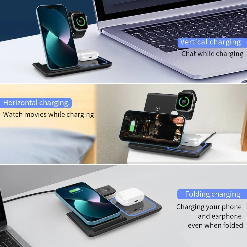 Foldable Wireless Charger Station for iPhone, Apple Watch & AirPods Fast Charging Dock