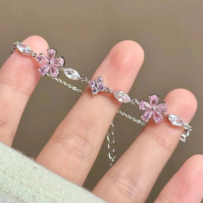 Y2K Pink Crystal Flower Bracelet – Elegant Zircon Blossom Jewelry for Women