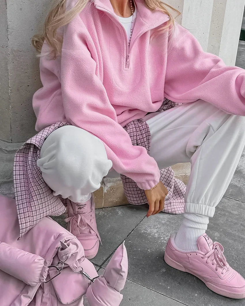 Pink Lamb Fleece Hoodie – Women’s Casual Thick Zipper Pullover Streetwear