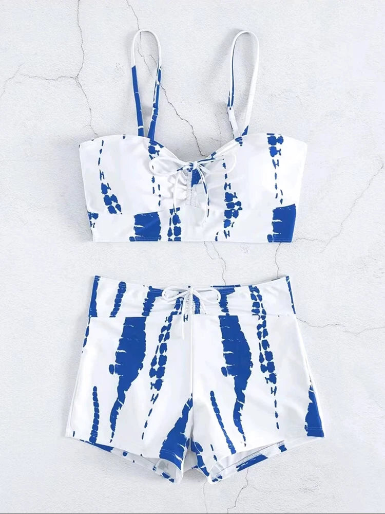 Drawstring Front Shorts Bikinis 2025 High Waist Swimsuit Women Swimwear Female Bathers Bathing Swimming Swim Suit Beachwear