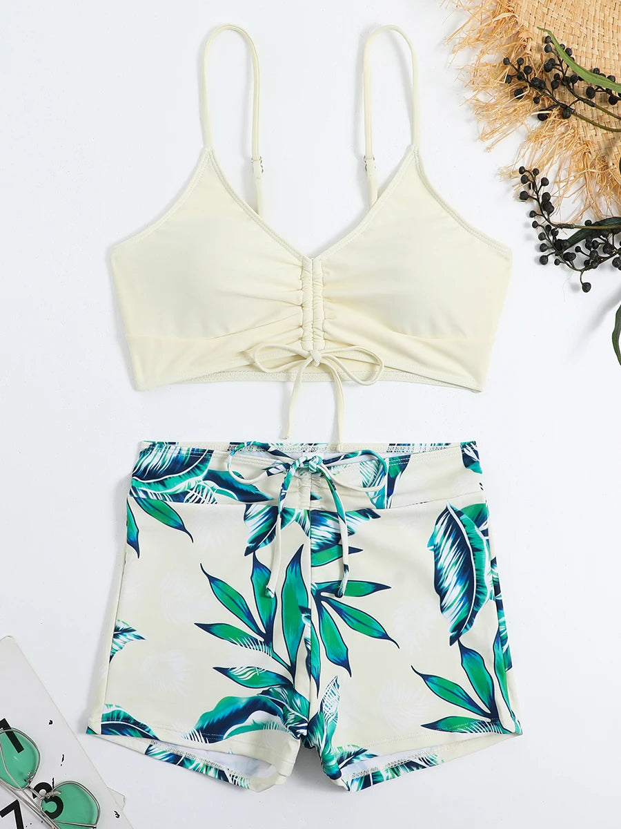 Drawstring Front Shorts Bikinis 2025 High Waist Swimsuit Women Swimwear Female Bathers Bathing Swimming Swim Suit Beachwear