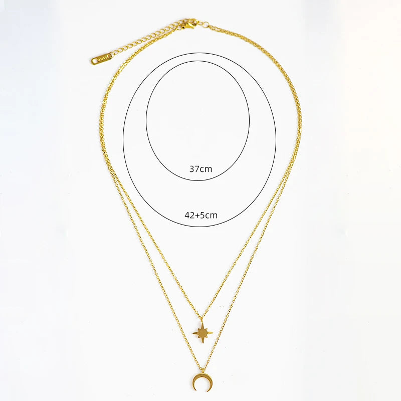 Moon Star Layered Necklace for Women Girl Sweater Pendant Necklaces Gold Plated Charm Stainless Steel Fashion Jewelry Gift