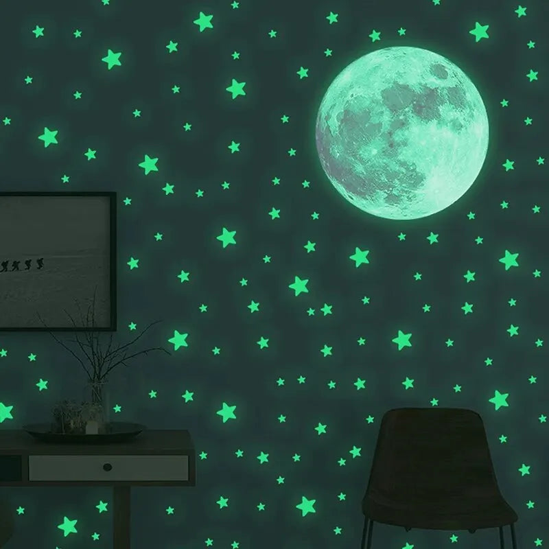103pcs Luminous Moon & Stars Wall Stickers – Glow-in-the-Dark Kids Room Décor