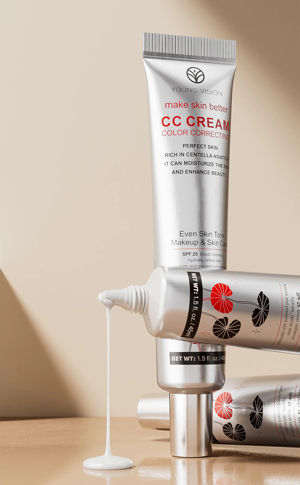 2-Color Brightening CC Cream with Puff – Even Skin Tone & Conceal Pores, Women’s Makeup Cosmetics