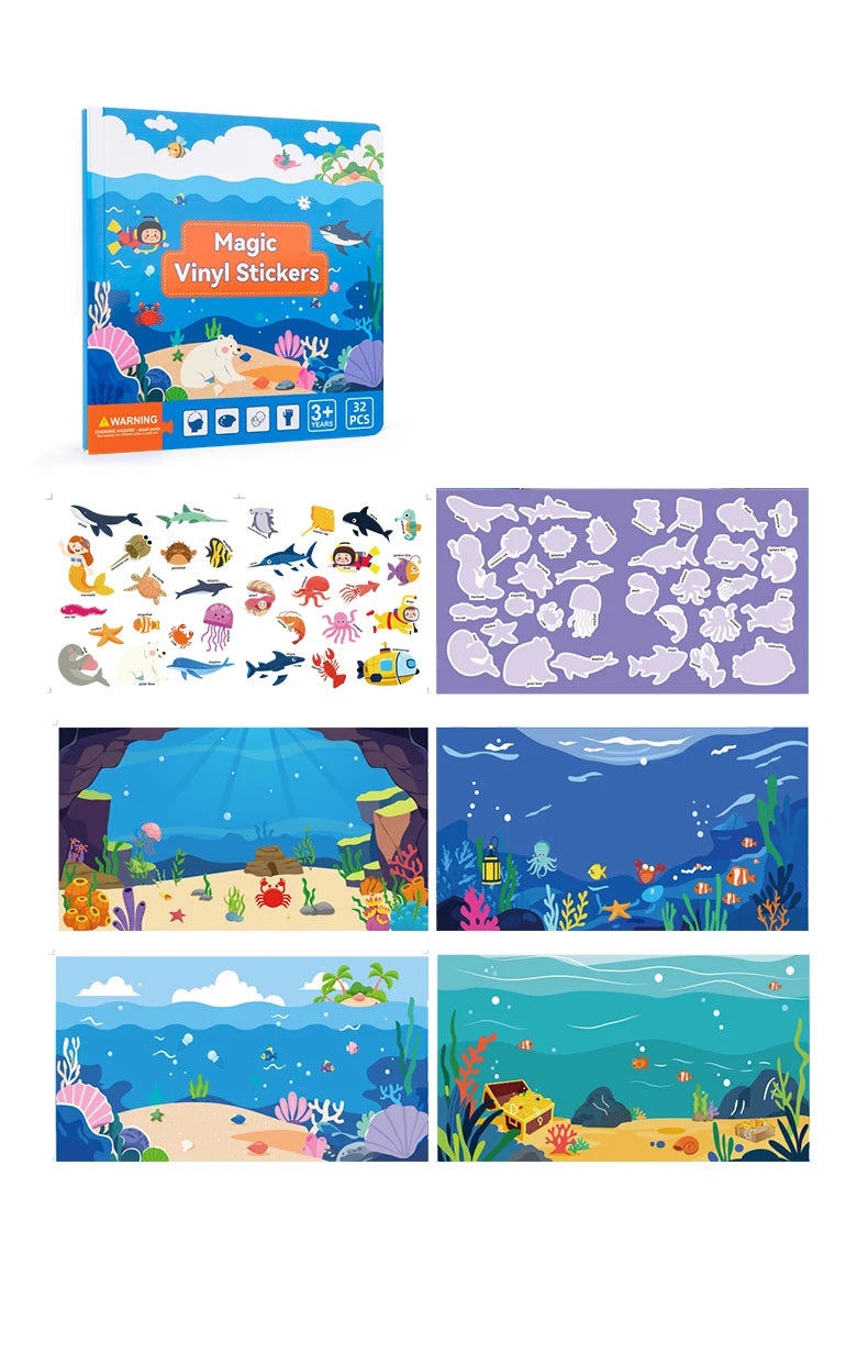 Reusable Magic Sticker Book – DIY Cartoon Animal Puzzle Learning Toy for Kids