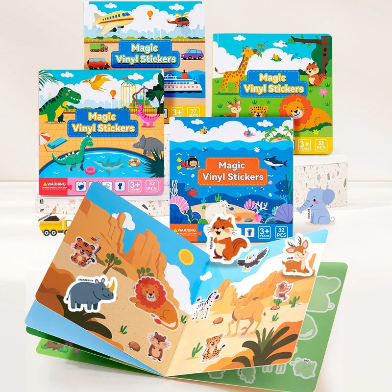 Reusable Magic Sticker Book – DIY Cartoon Animal Puzzle Learning Toy for Kids