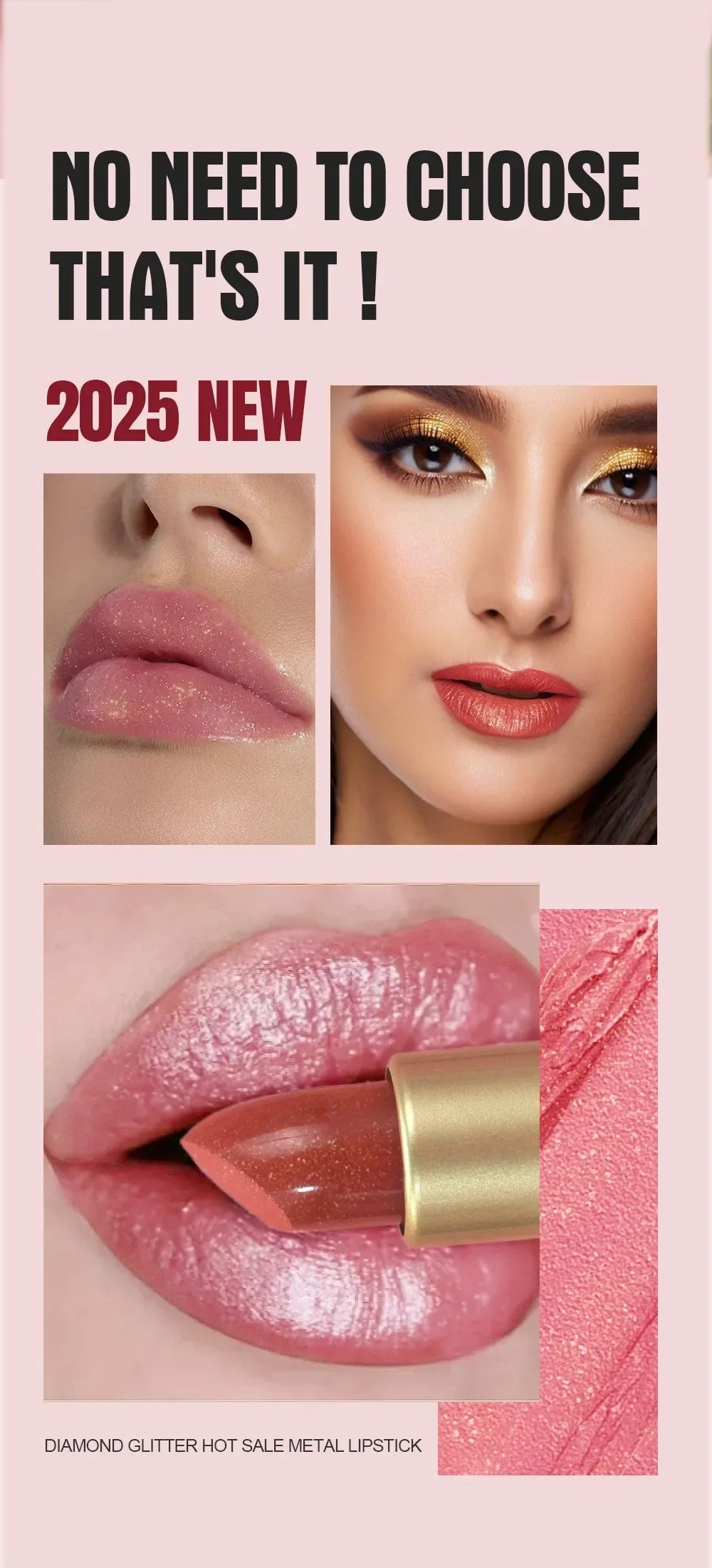Nude Pink Metallic Glitter Lipstick – Long-Lasting Waterproof Shimmery Lip Gloss