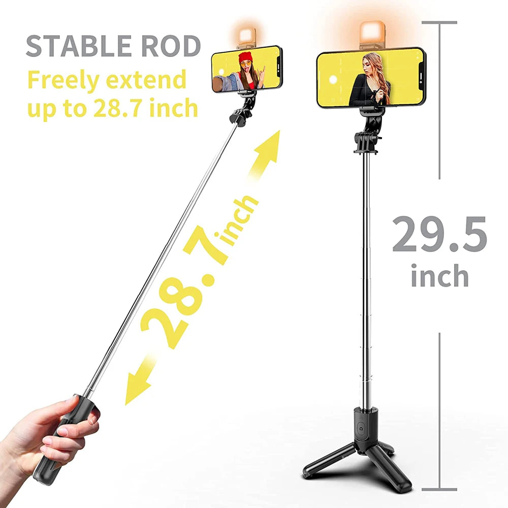 Wireless Bluetooth Selfie Stick Tripod with Fill Light & Remote – Foldable Portable Phone Stand for iPhone & Android