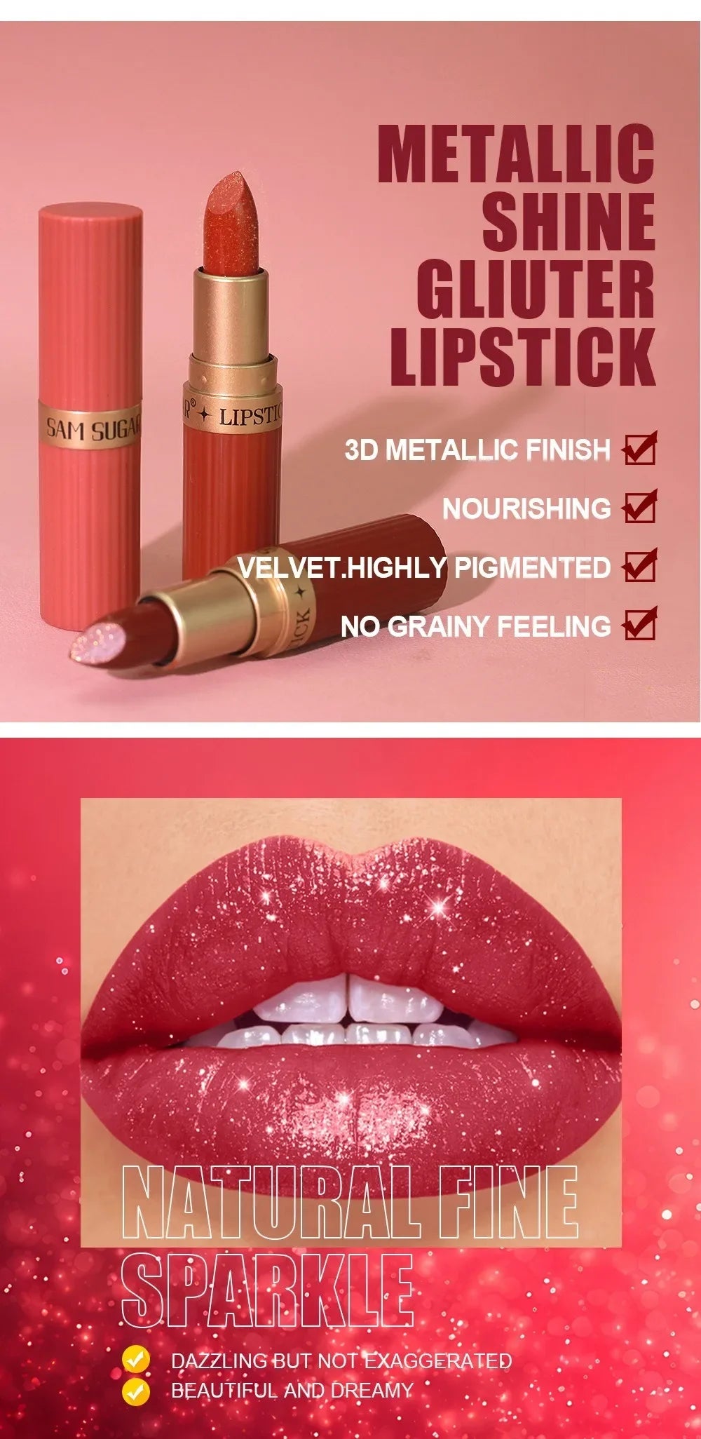 Nude Pink Metallic Glitter Lipstick – Long-Lasting Waterproof Shimmery Lip Gloss