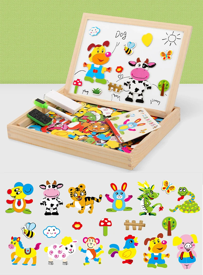 100+Pcs Wooden Magnetic Animal Puzzle Board – Multifunction Learning Drawing Toy for Kids Education & Creativity